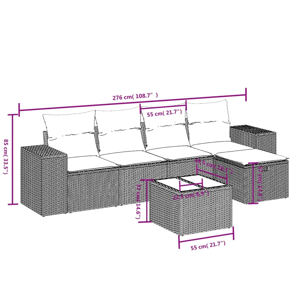 Set Divano da Giardino 6 pz con Cuscini Beige Misto Polyrattan