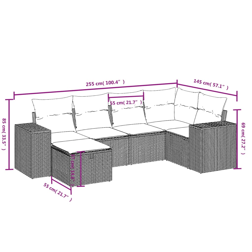 Set Divano da Giardino 6 pz con Cuscini Nero in Polyrattan