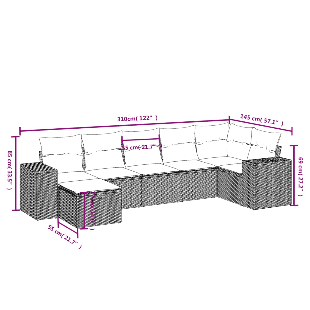 Set Divani da Giardino 7 pz con Cuscini Grigio in Polyrattan
