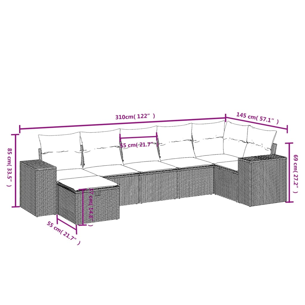 Set Divani da Giardino 7pz con Cuscini Grigio Chiaro Polyrattan