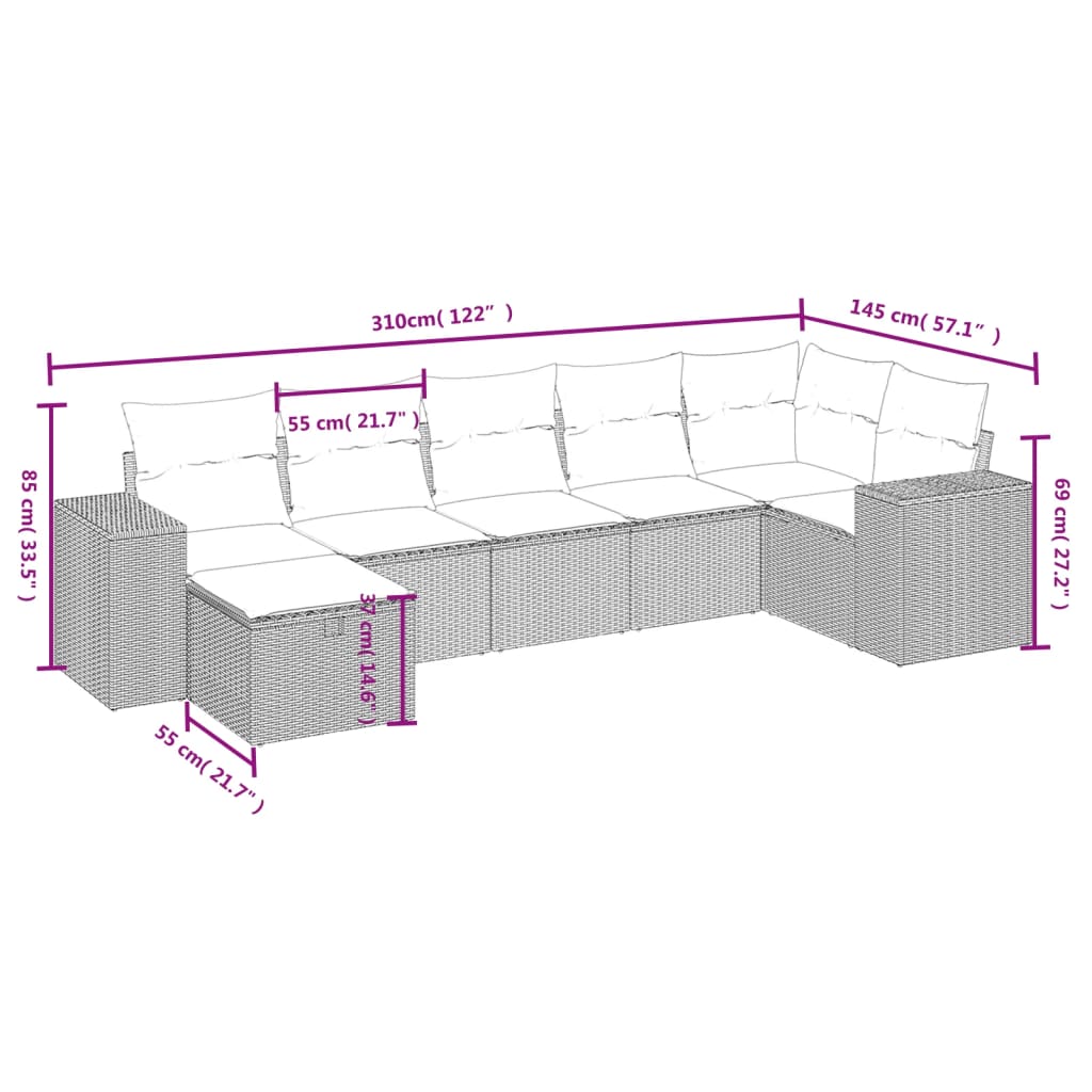 Set Divani da Giardino 7pz con Cuscini Grigio Chiaro Polyrattan