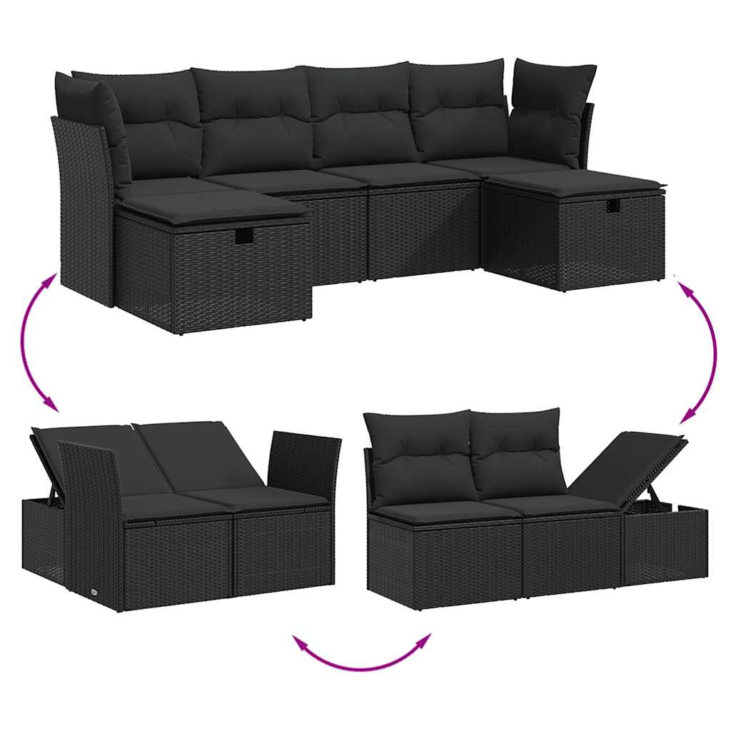 Set Divano da Giardino 6 pz con Cuscini Nero in Polyrattan