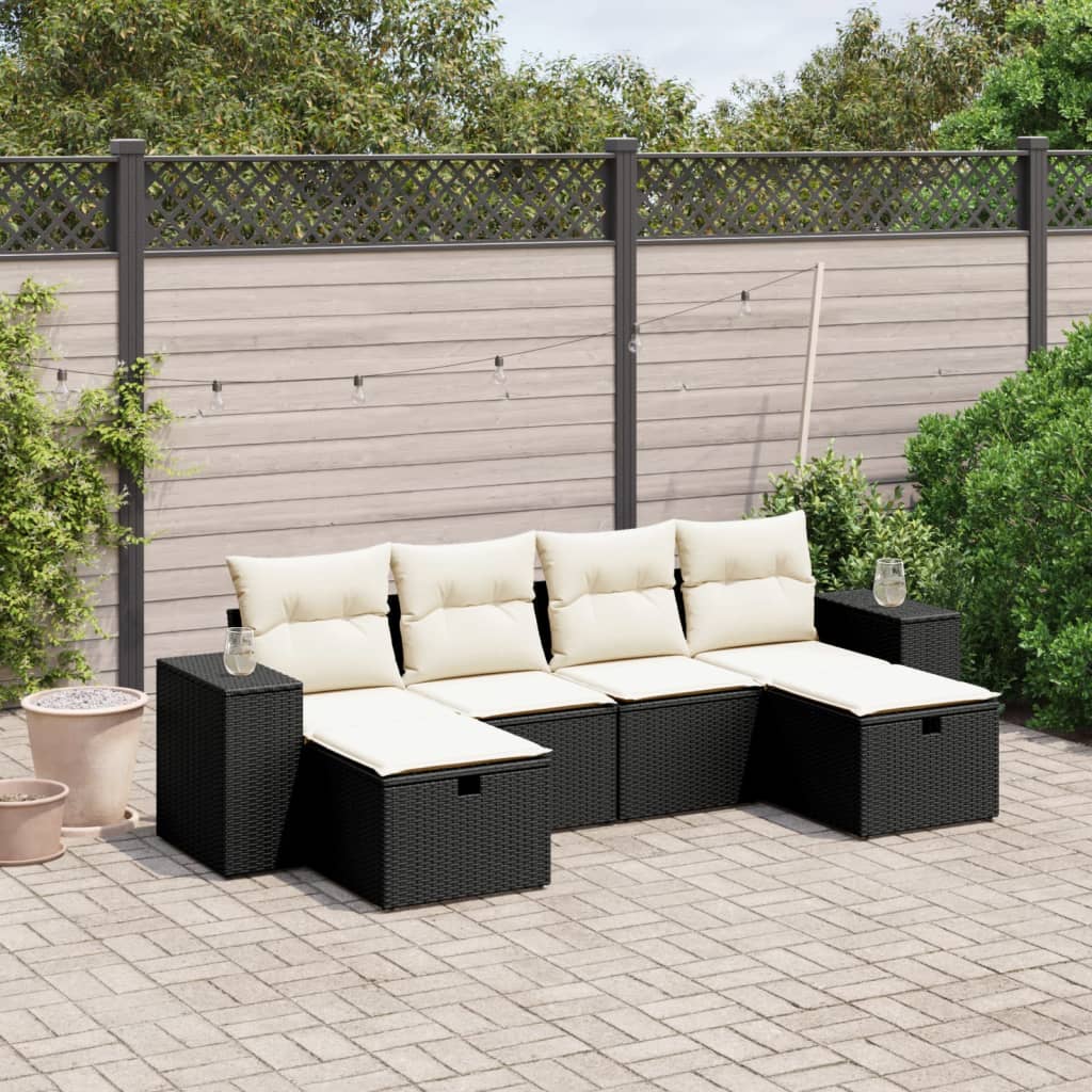Set divano da esterno 6 pz in polyrattan nero con cuscini crema