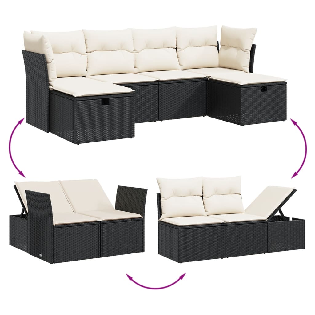 Set divano da esterno 6 pz in polyrattan nero con cuscini crema