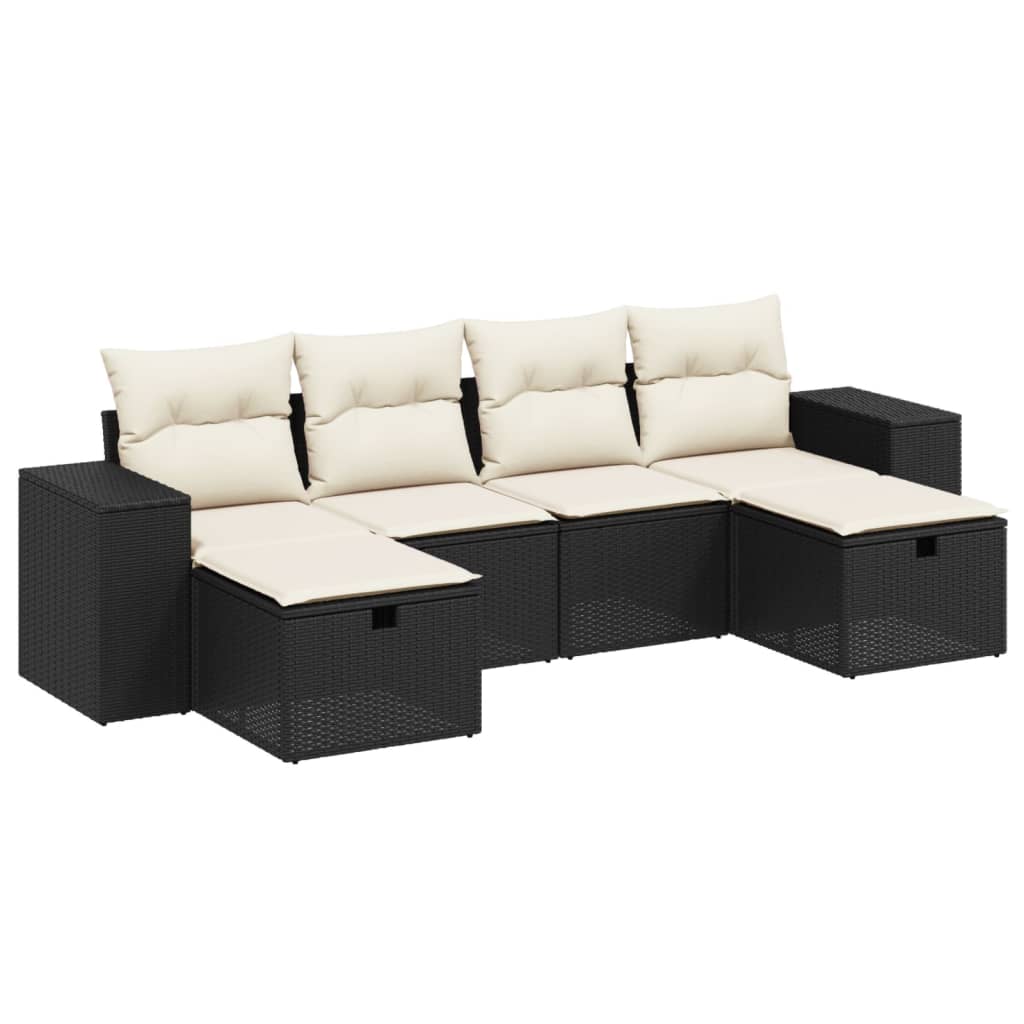 Set divano da esterno 6 pz in polyrattan nero con cuscini crema