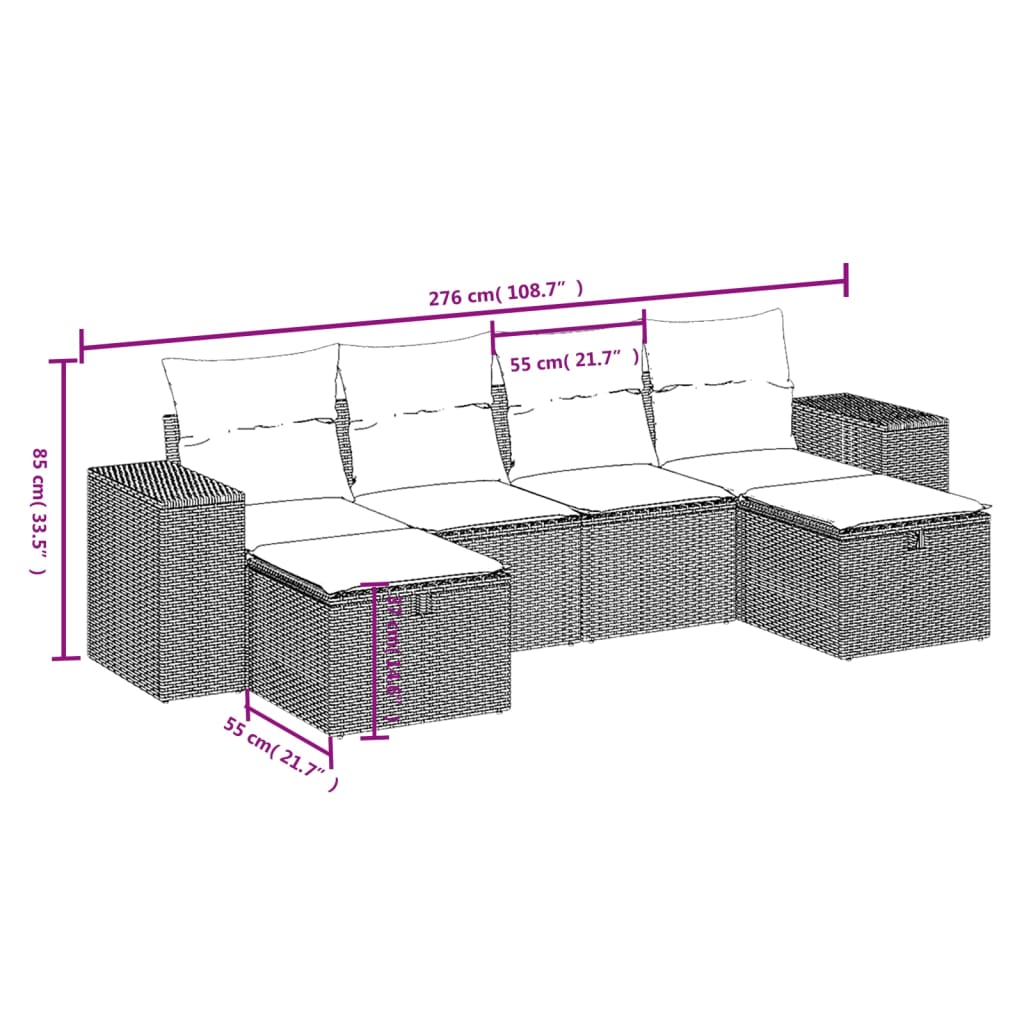 Set Divano da Giardino 6pz con Cuscini Grigio Chiaro Polyrattan