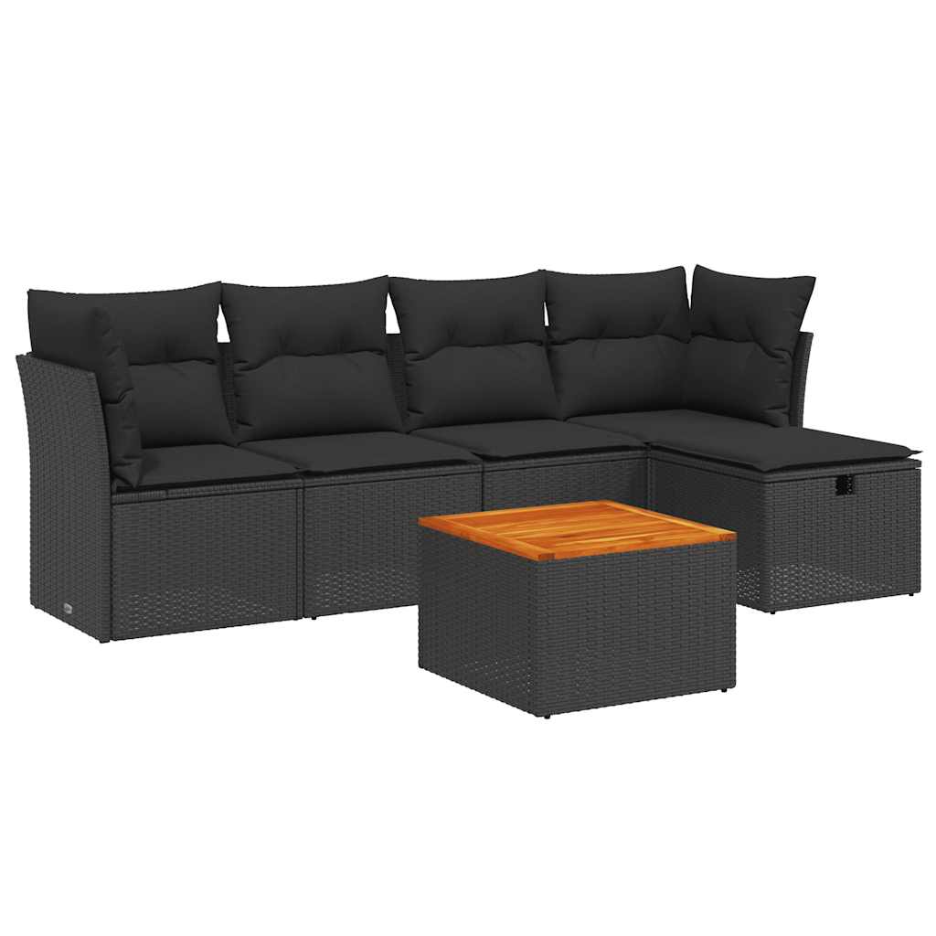Set Divano da Giardino 6 pz con Cuscini Nero in Polyrattan