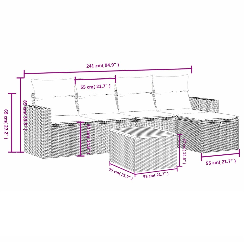 Set Divano da Giardino 6 pz con Cuscini Beige in Polyrattan