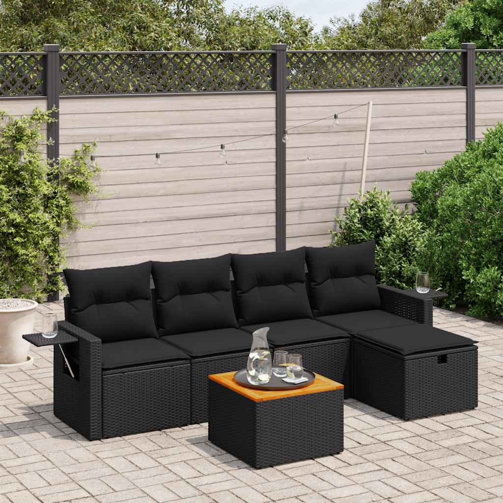 Salotto da giardino nero 6 pz in polyrattan con tavolo in acacia 2