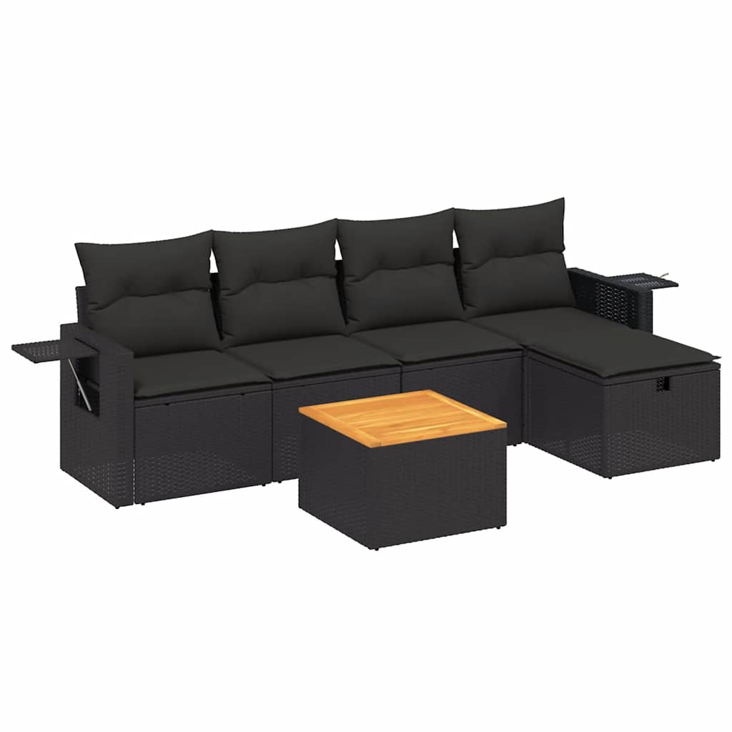 Salotto da giardino nero 6 pz in polyrattan con tavolo in acacia 2