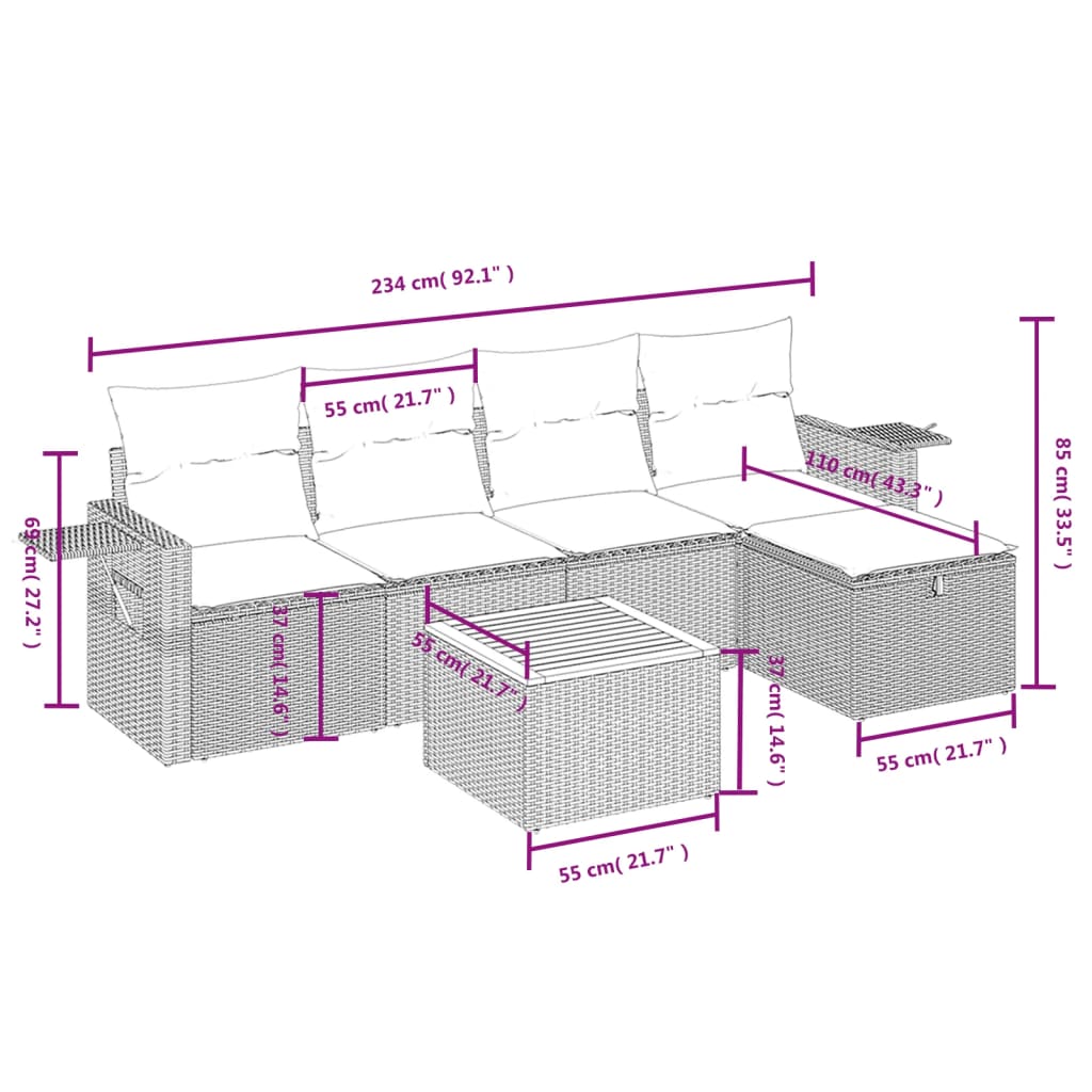 Set Divano da Giardino 6 pz con Cuscini Beige in Polyrattan