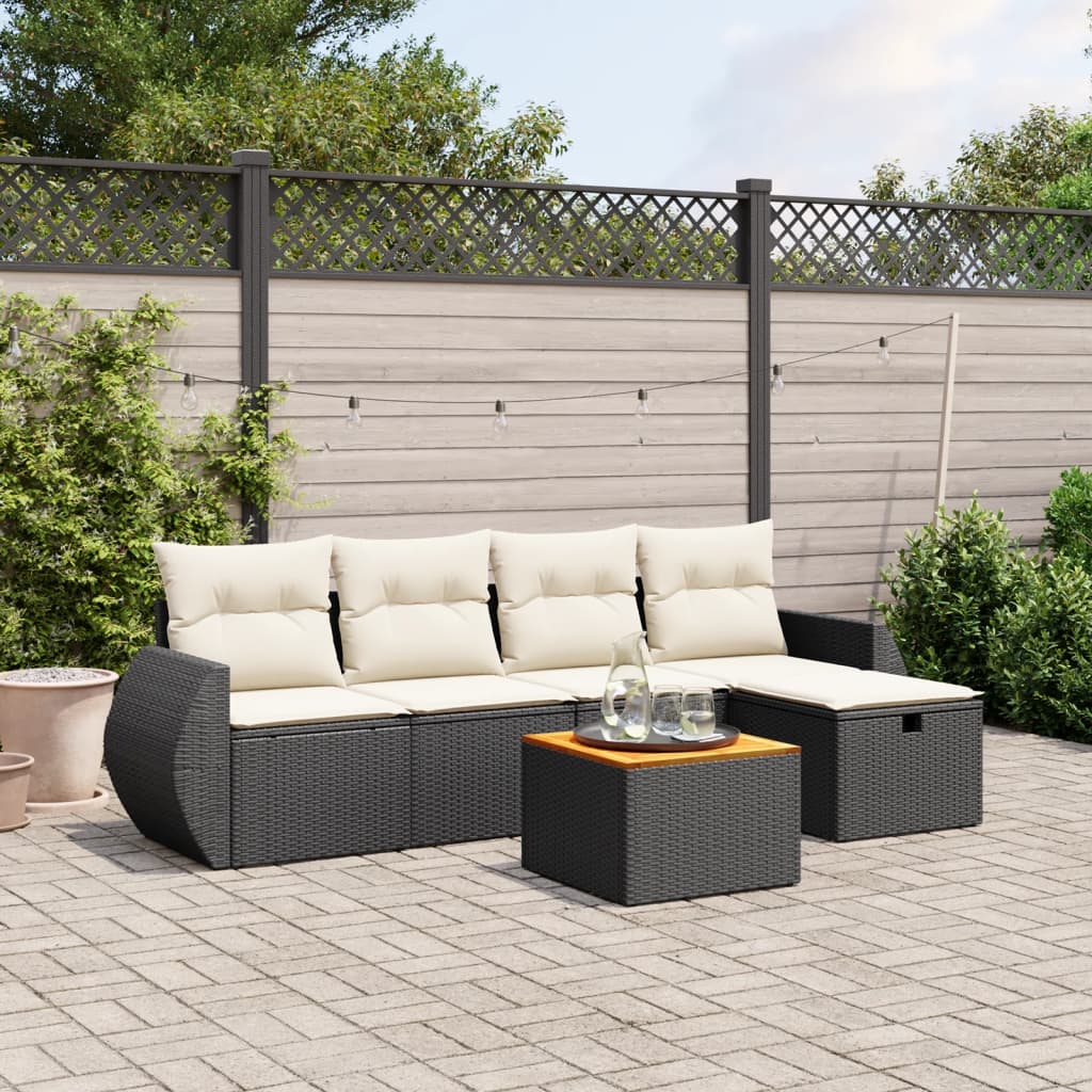 Set Divano da Giardino 6 pz con Cuscini Nero in Polyrattan