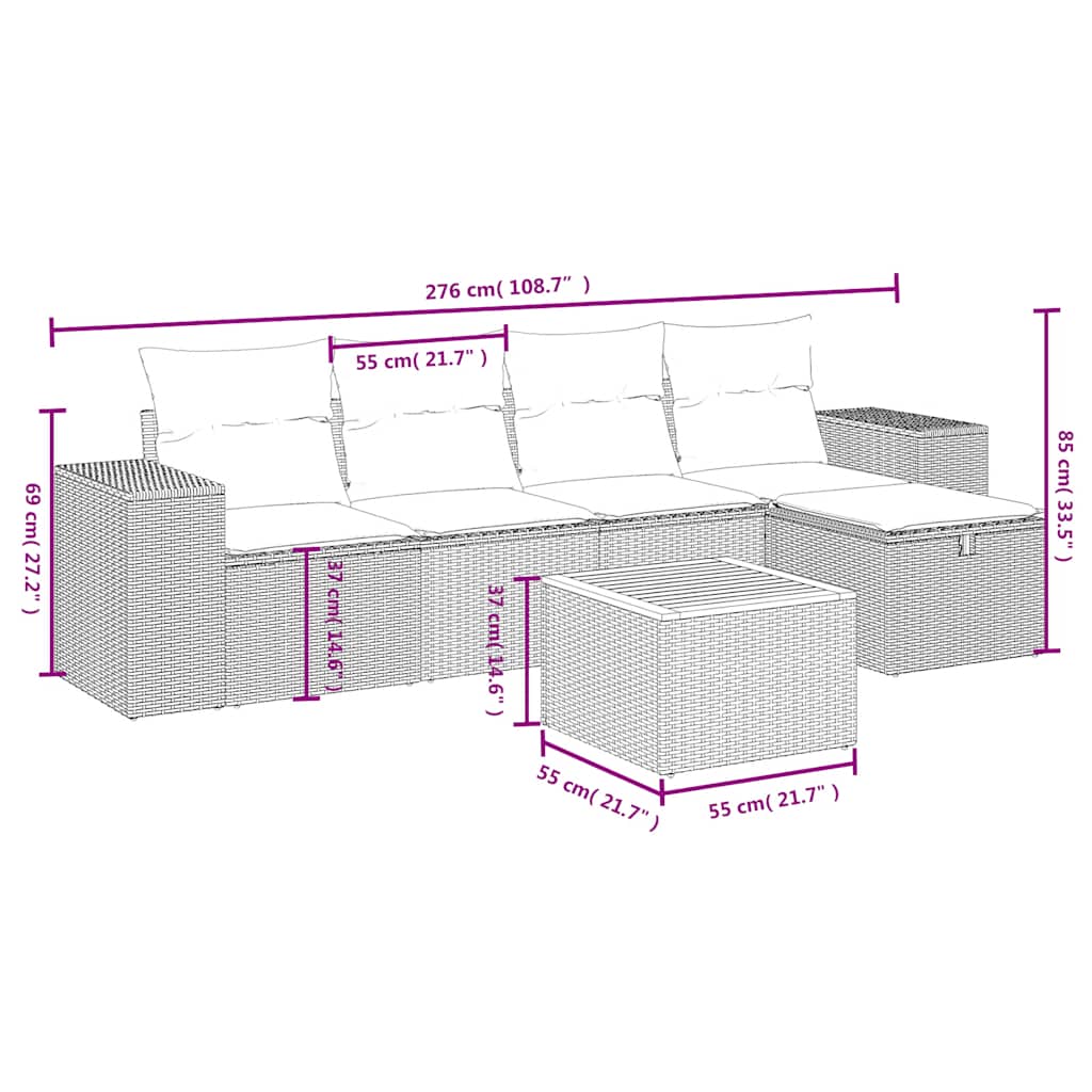 Set Divano da Giardino 6 pz con Cuscini Nero in Polyrattan