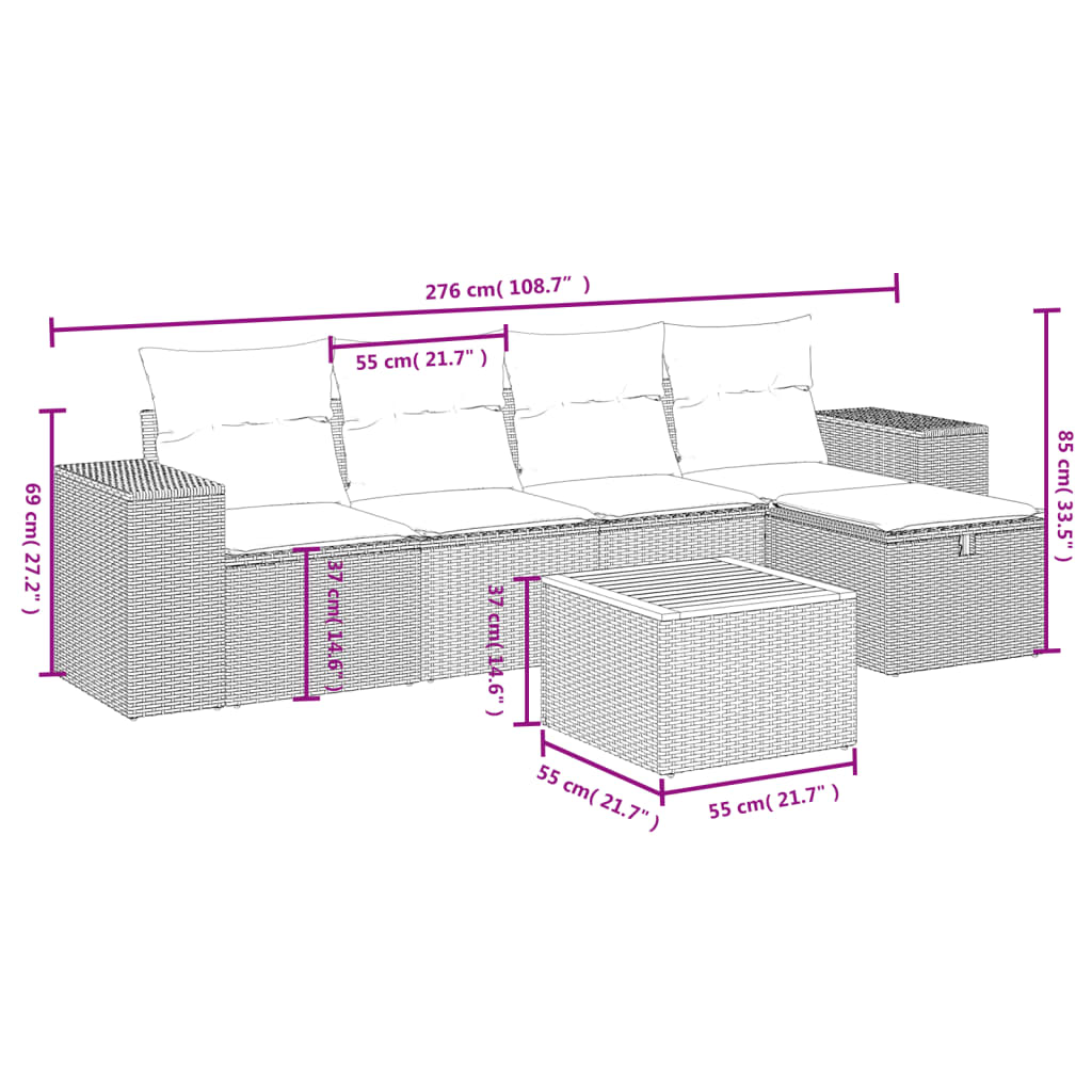 Set Divano da Giardino 6 pz con Cuscini Nero in Polyrattan