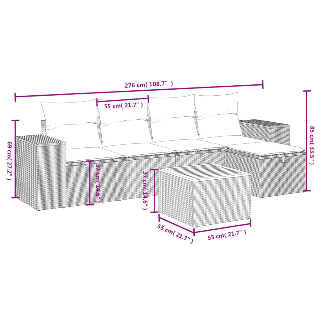Set Divano da Giardino 6 pz con Cuscini Beige Misto Polyrattan