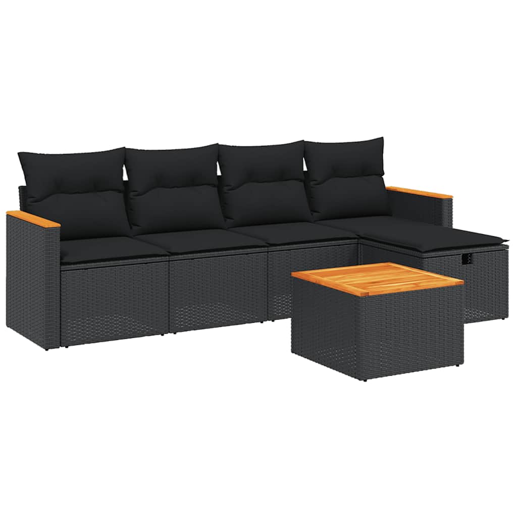 Set Divano da Giardino 6 pz con Cuscini Nero in Polyrattan