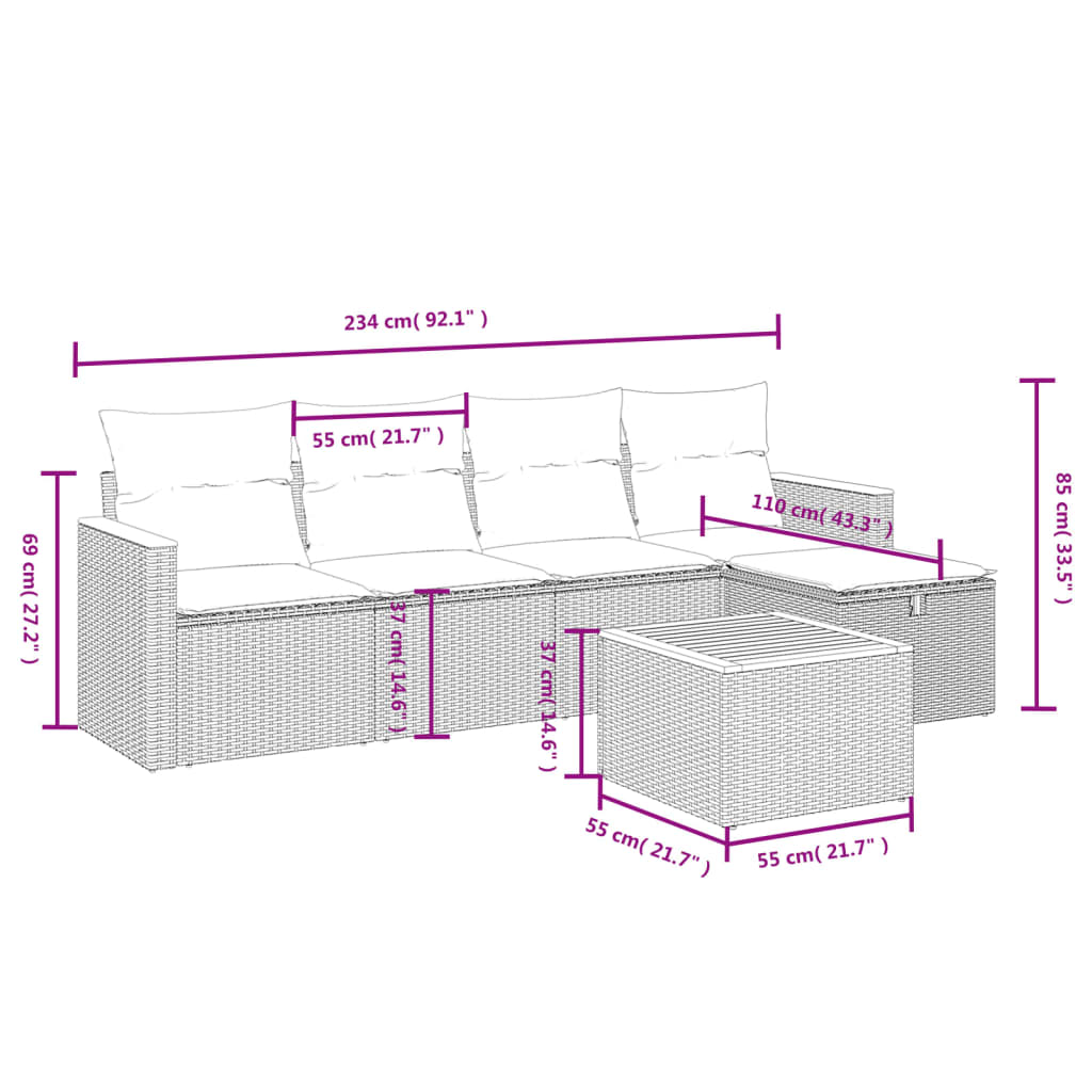 Set Divano da Giardino 6 pz con Cuscini Beige in Polyrattan