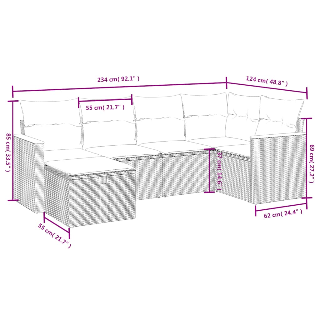 Set Divano da Giardino 6 pz con Cuscini Nero in Polyrattan