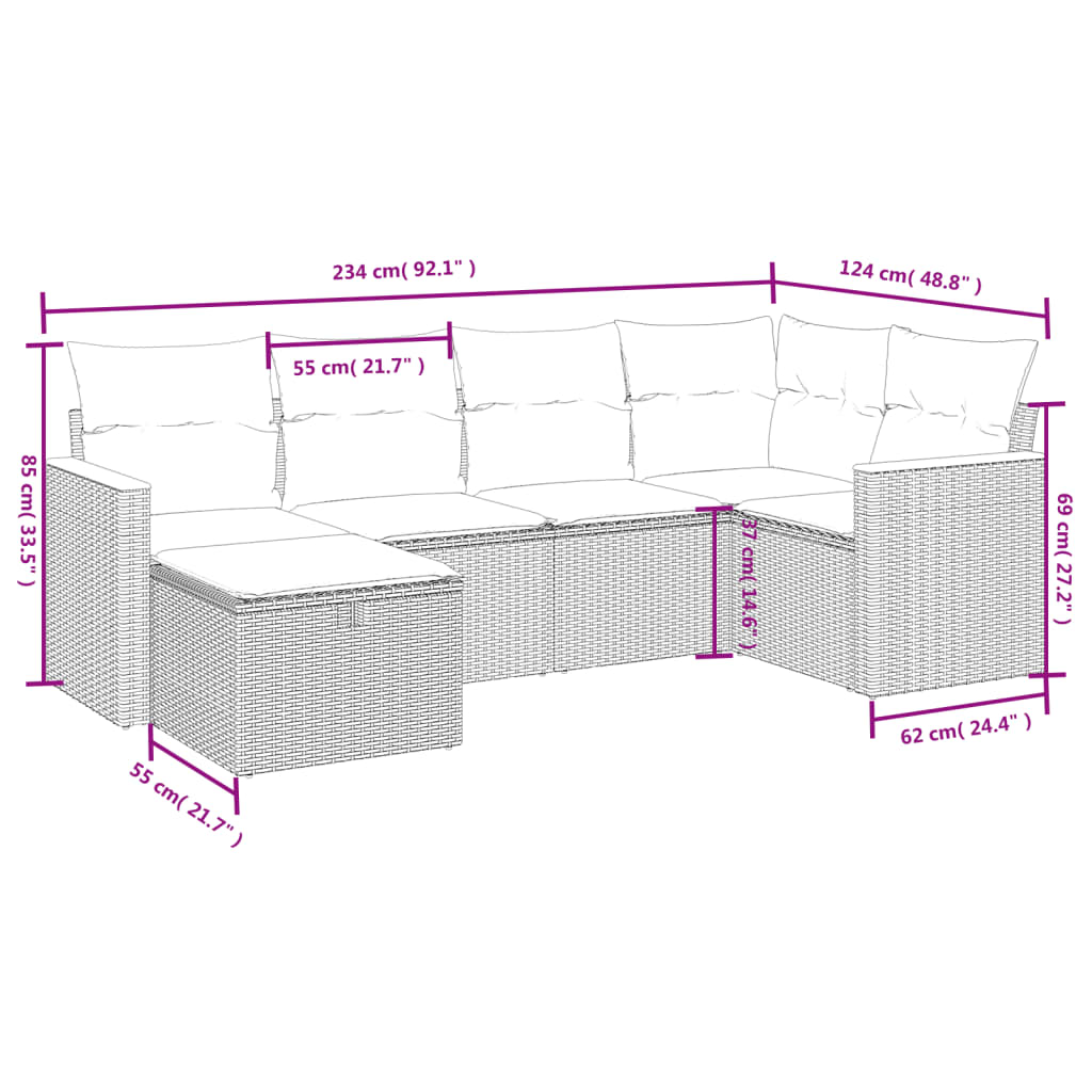 Set Divano da Giardino 6 pz con Cuscini Grigio in Polyrattan