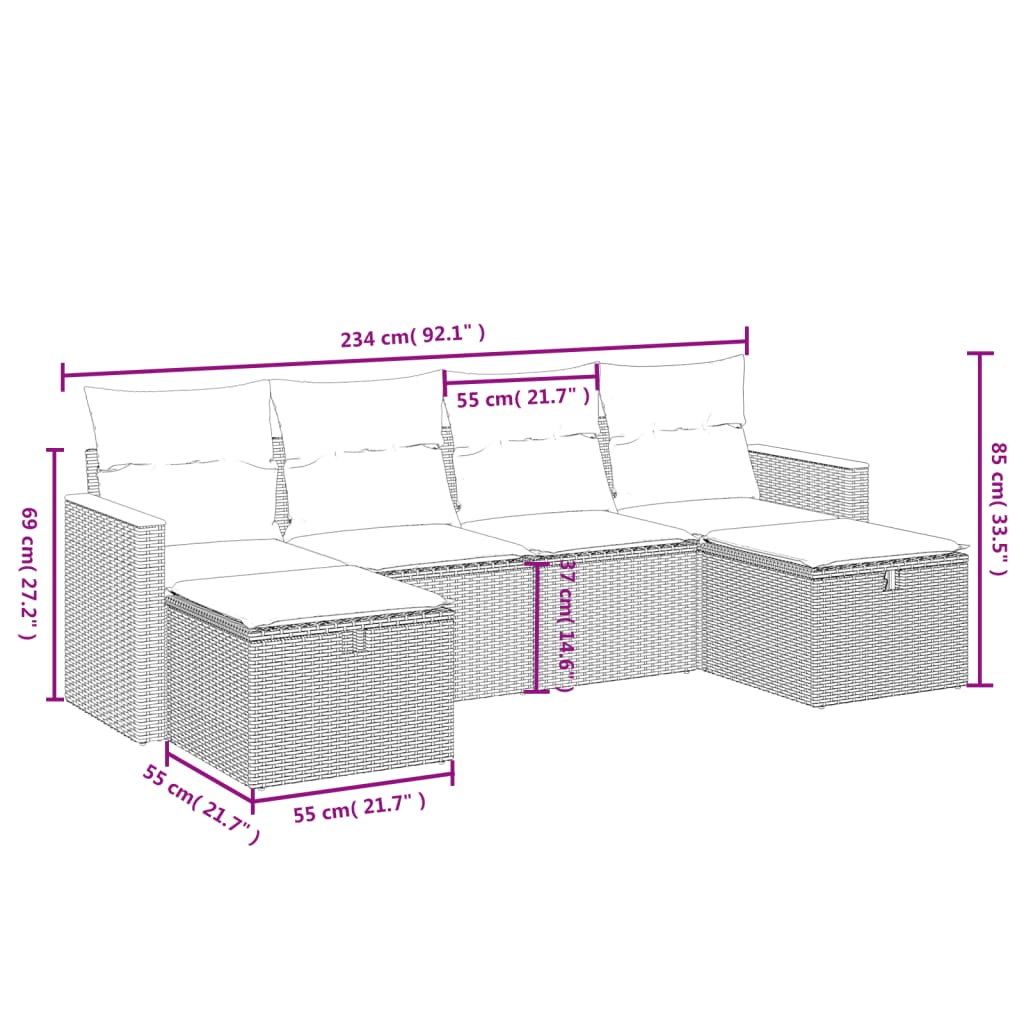 Set Divano da Giardino 6 pz con Cuscini Nero in Polyrattan