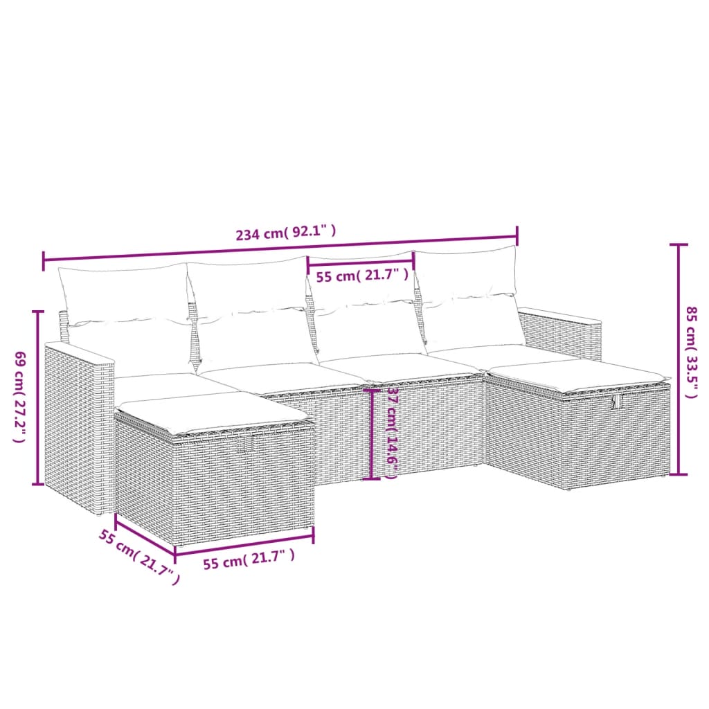 Set Divano da Giardino 6 pz con Cuscini Beige in Polyrattan