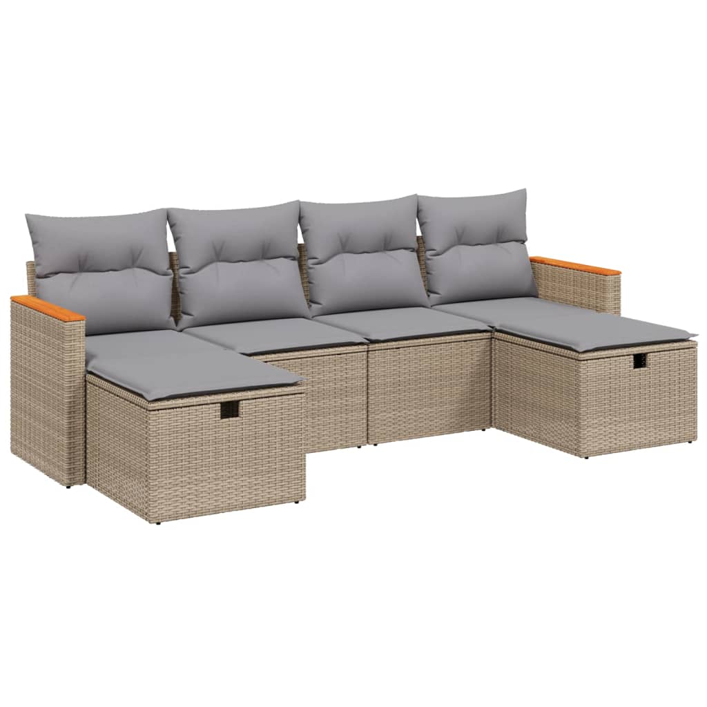 Set Divano da Giardino 6 pz con Cuscini Beige Misto Polyrattan