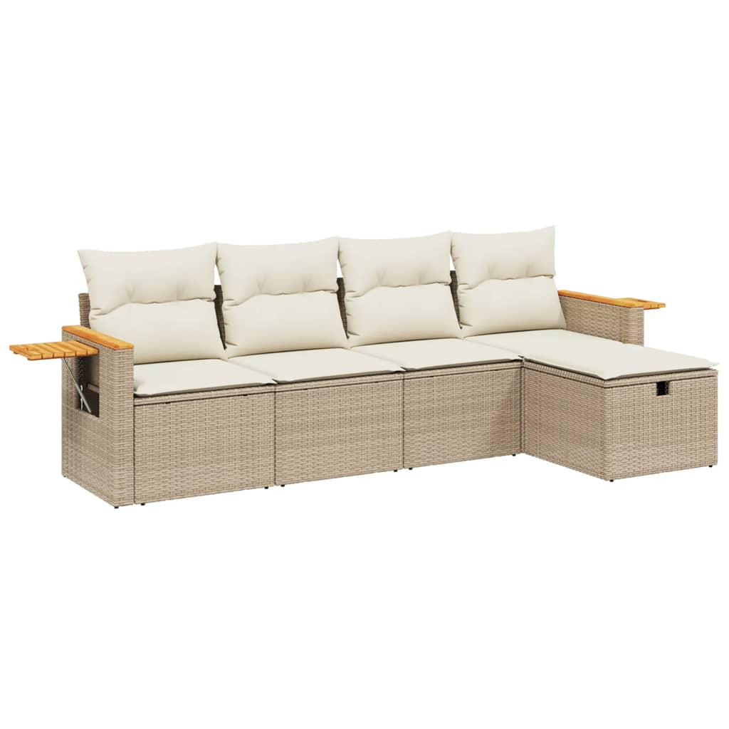 Set Divano da Giardino 5 pz con Cuscini Beige in Polyrattan