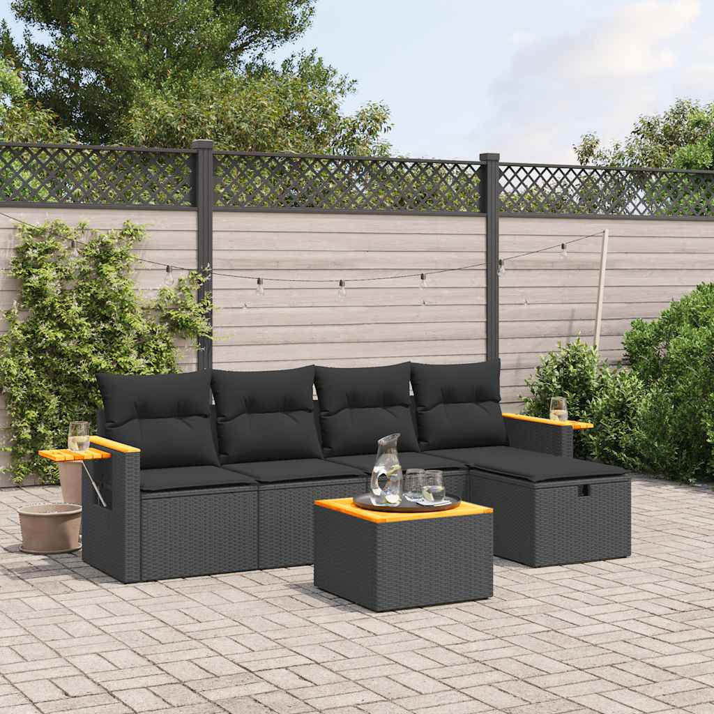 Set Divano da Giardino 6 pz con Cuscini Nero in Polyrattan