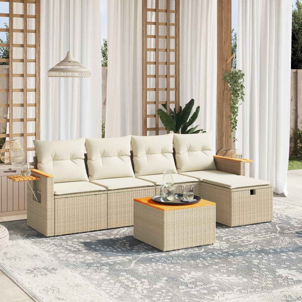 Set Divano da Giardino 6 pz con Cuscini Beige in Polyrattan