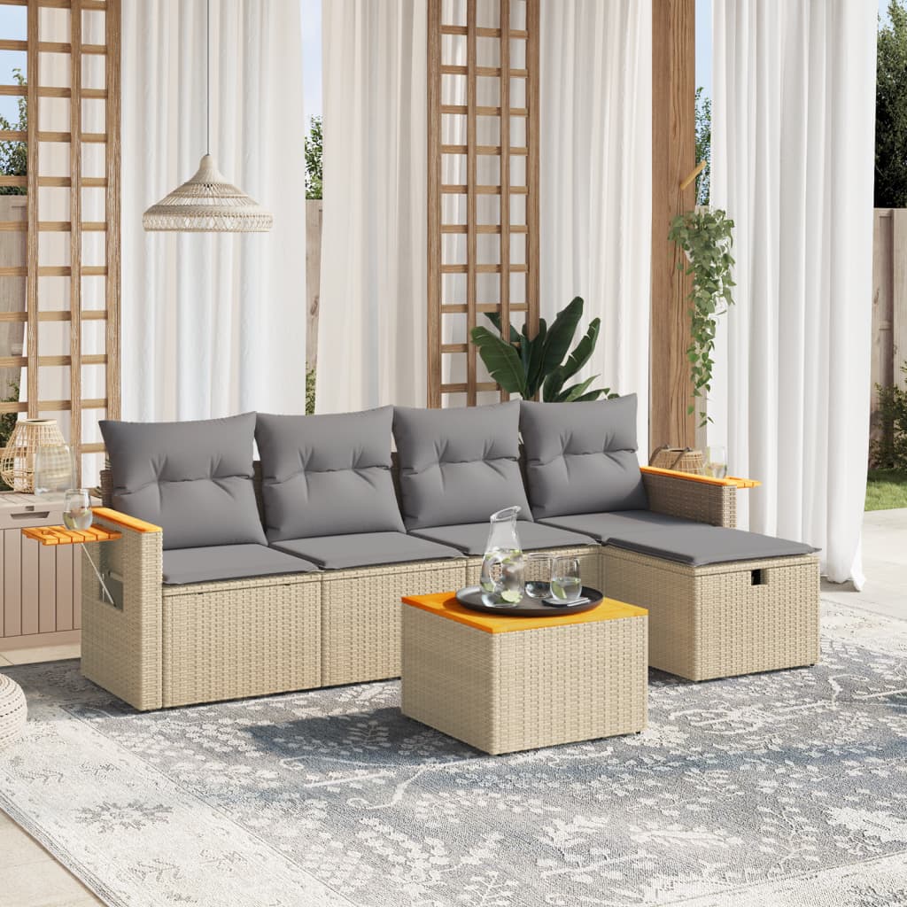 Set Divano da Giardino 6 pz con Cuscini Beige Misto Polyrattan