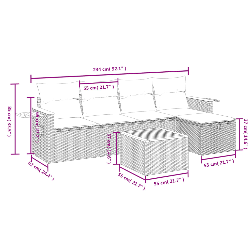 Set Divano da Giardino 6 pz con Cuscini Grigio in Polyrattan