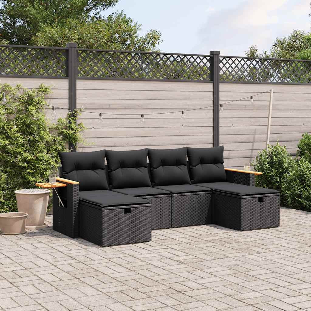 Set Divano da Giardino 6 pz con Cuscini Nero in Polyrattan 6