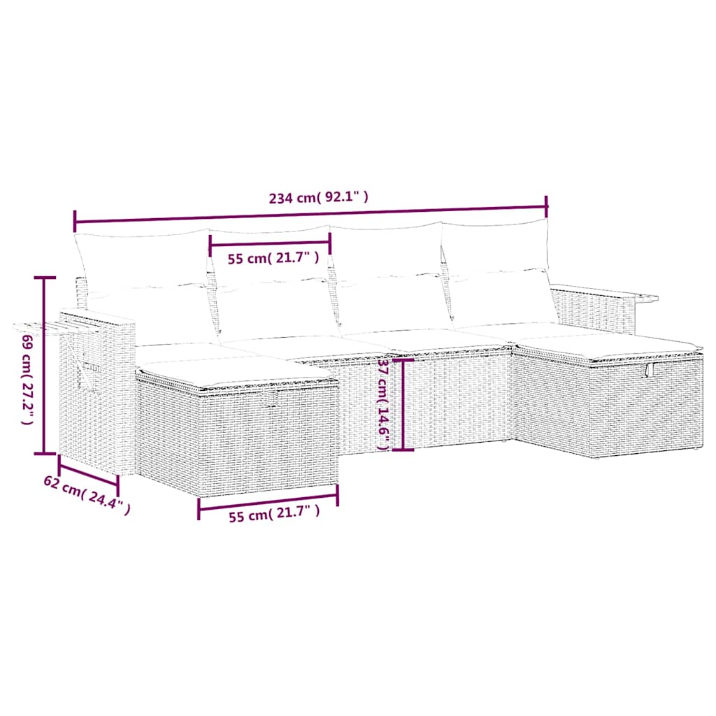 Set Divano da Giardino 6 pz con Cuscini Nero in Polyrattan 6