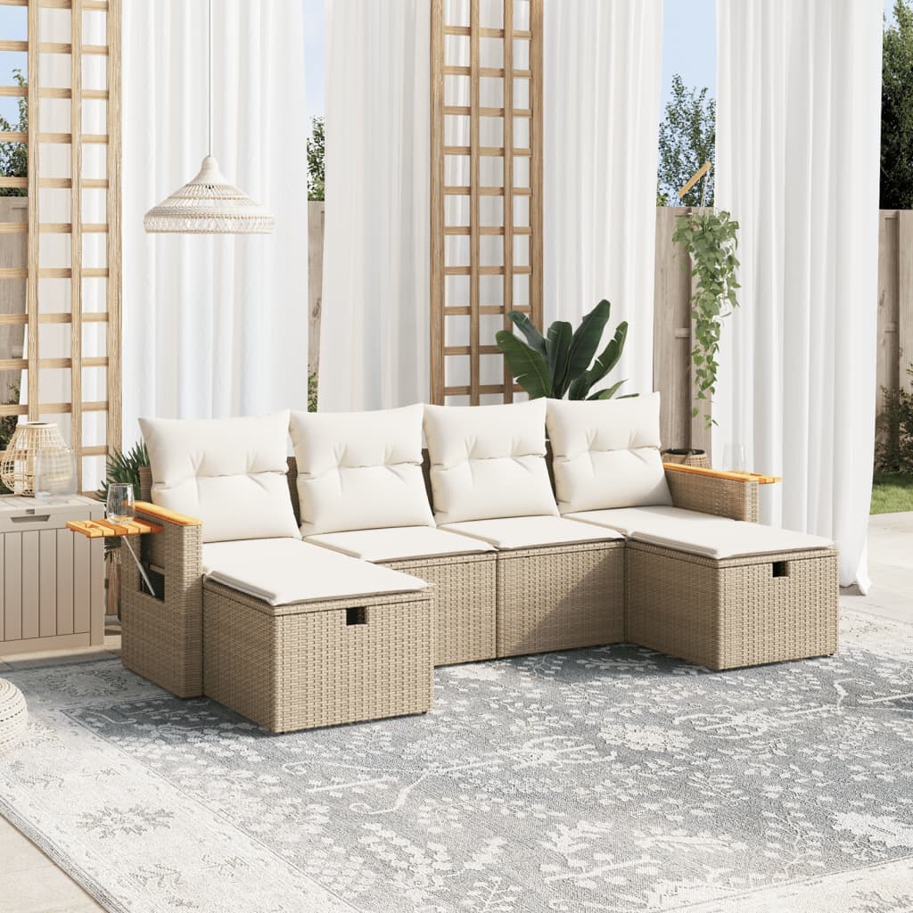 Salotto da giardino beige in polyrattan 6 pz con cuscini