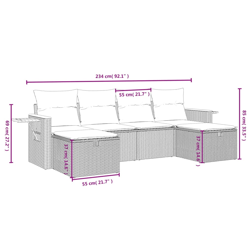 Set Divano da Giardino 6 pz con Cuscini Grigio in Polyrattan