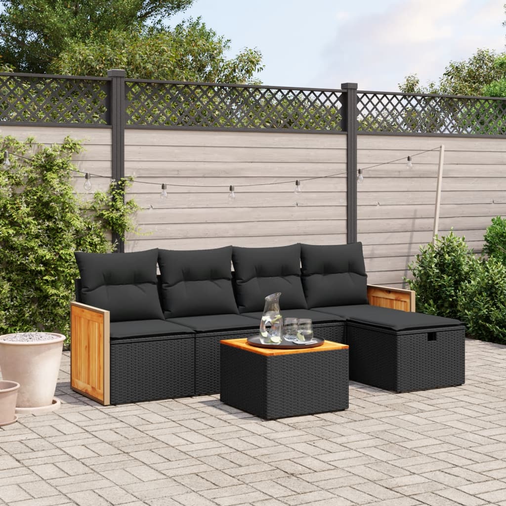 Salotto da esterno nero 6 pezzi in rattan PE con cuscini 2