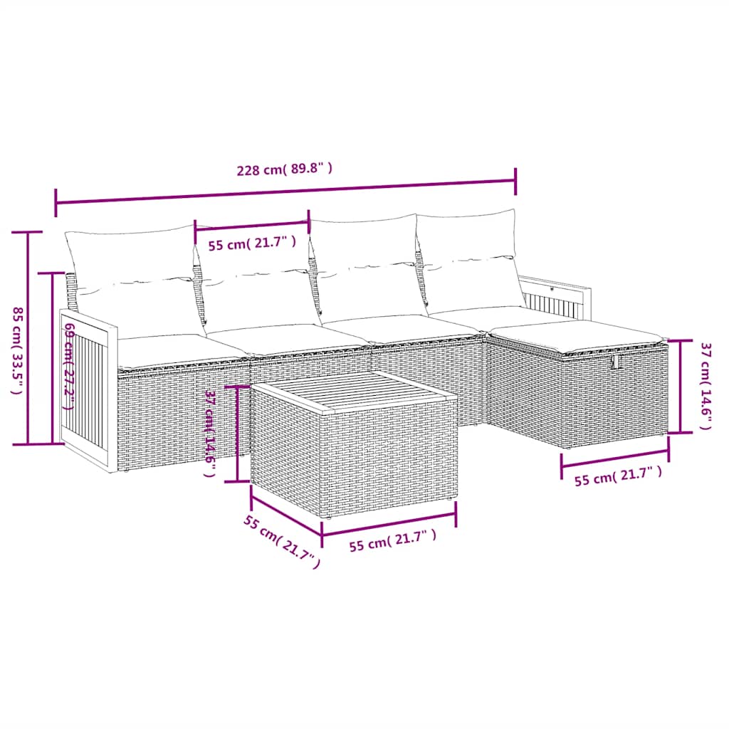 Salotto da esterno nero 6 pezzi in rattan PE con cuscini 2
