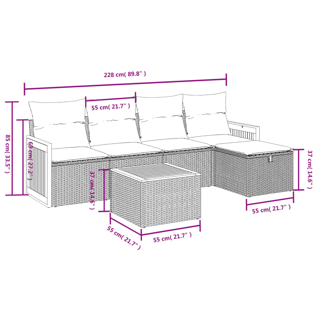 Set Divano da Giardino 6 pz con Cuscini Beige in Polyrattan