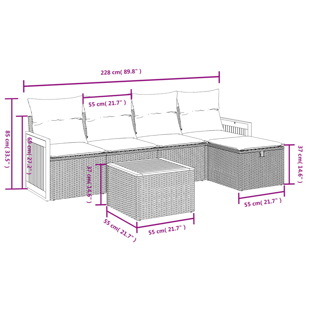 Set Divano da Giardino 6 pz con Cuscini Beige Misto Polyrattan