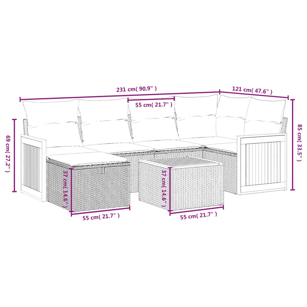 Set Divani da Giardino 7 pz con Cuscini Grigio in Polyrattan