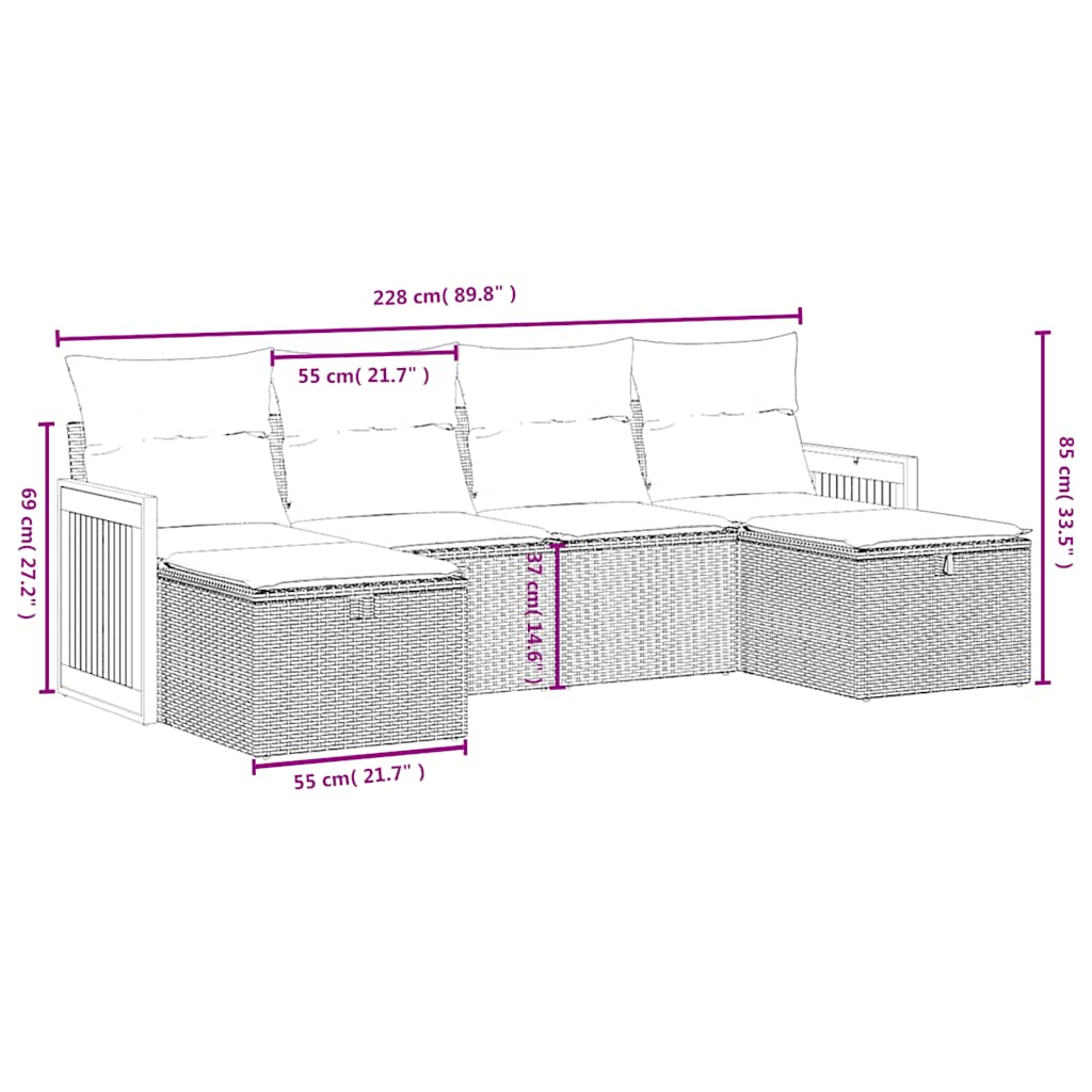 Set Divano da Giardino 6 pz con Cuscini Nero in Polyrattan