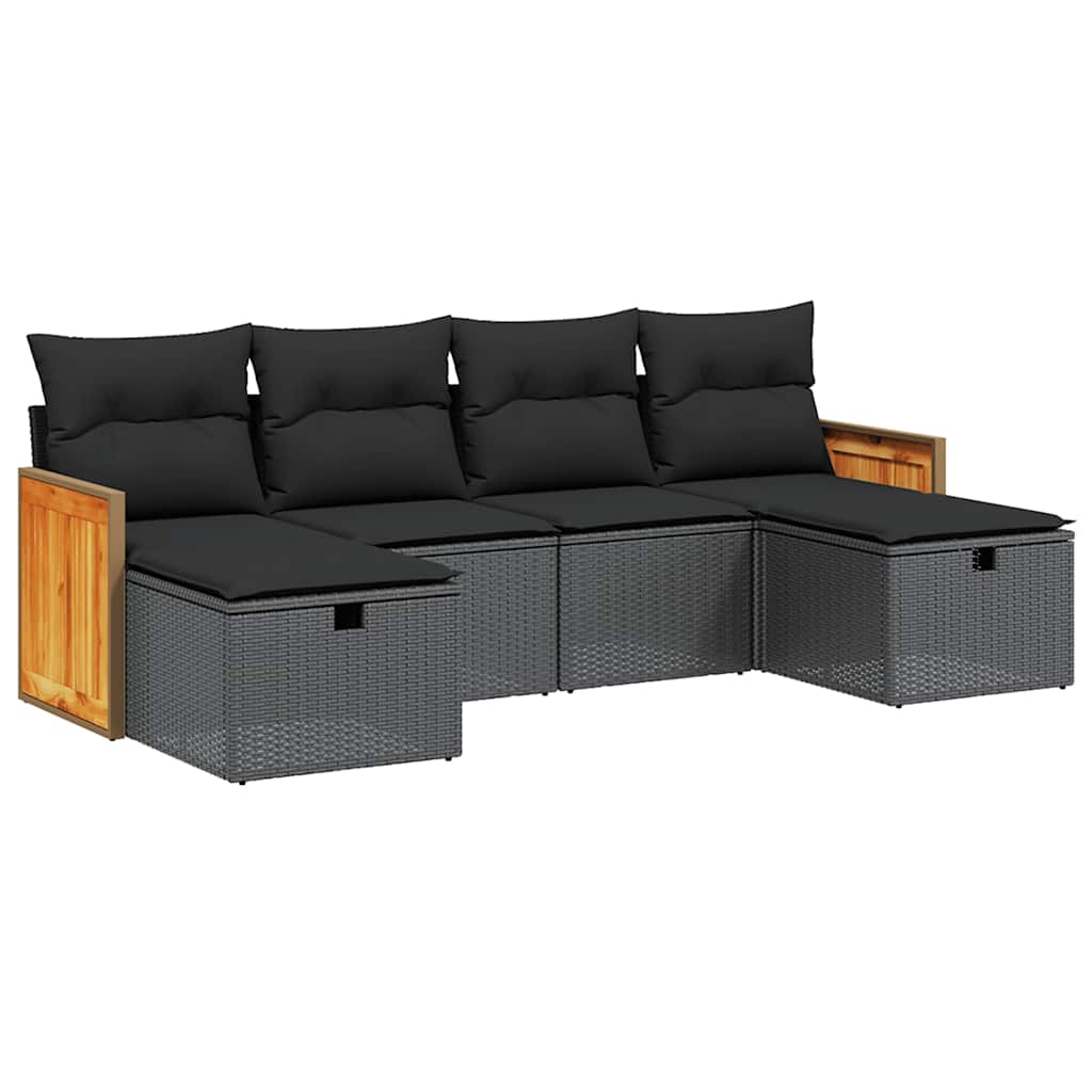 Set Divano da Giardino 6 pz con Cuscini Nero in Polyrattan