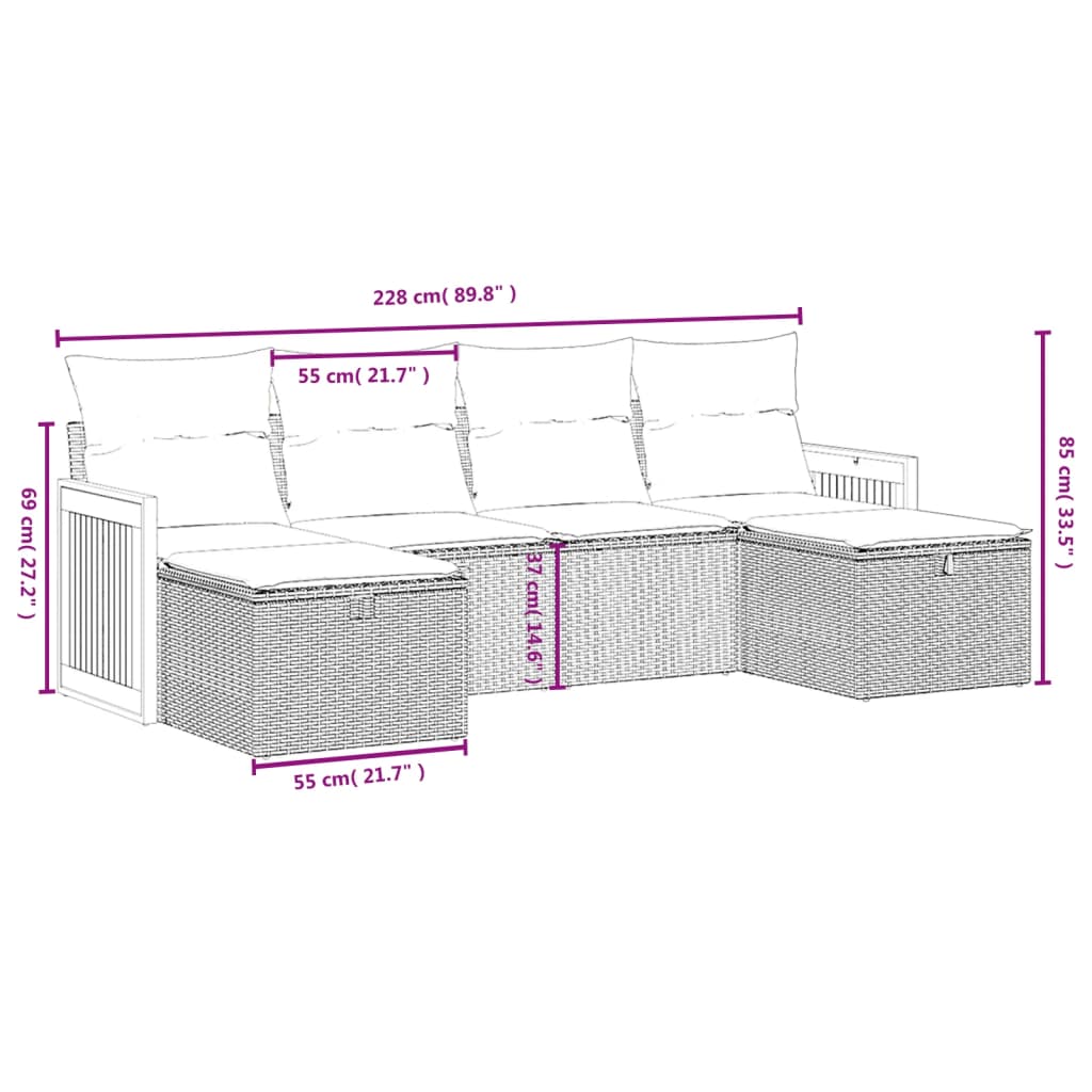 Set Divano da Giardino 6 pz con Cuscini Nero in Polyrattan