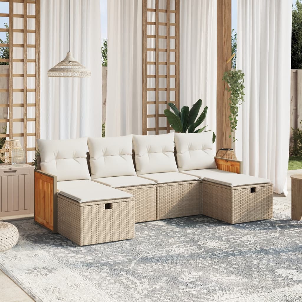 Set salotto da giardino beige in polyrattan, 6 pezzi con cuscini