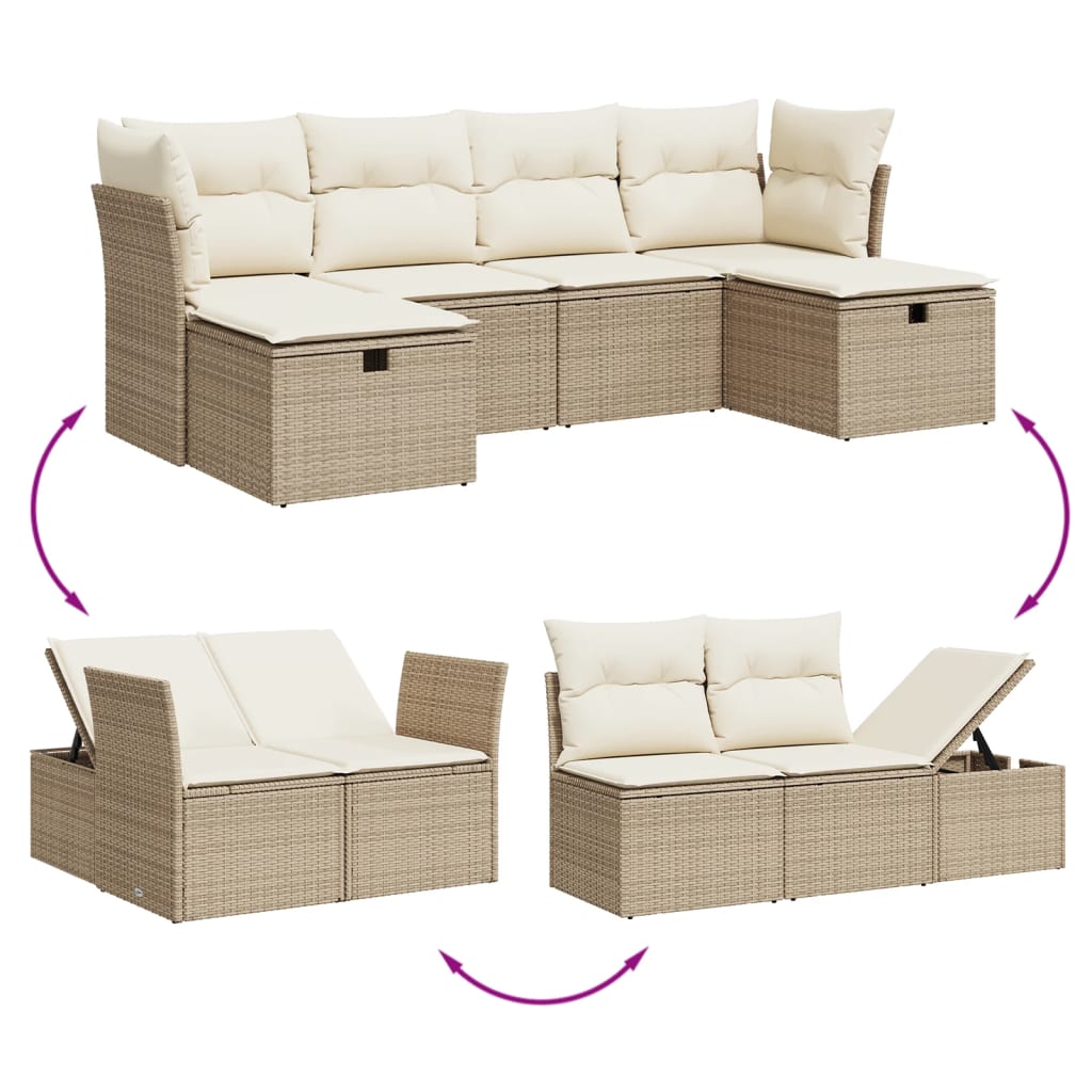 Set salotto da giardino beige in polyrattan, 6 pezzi con cuscini