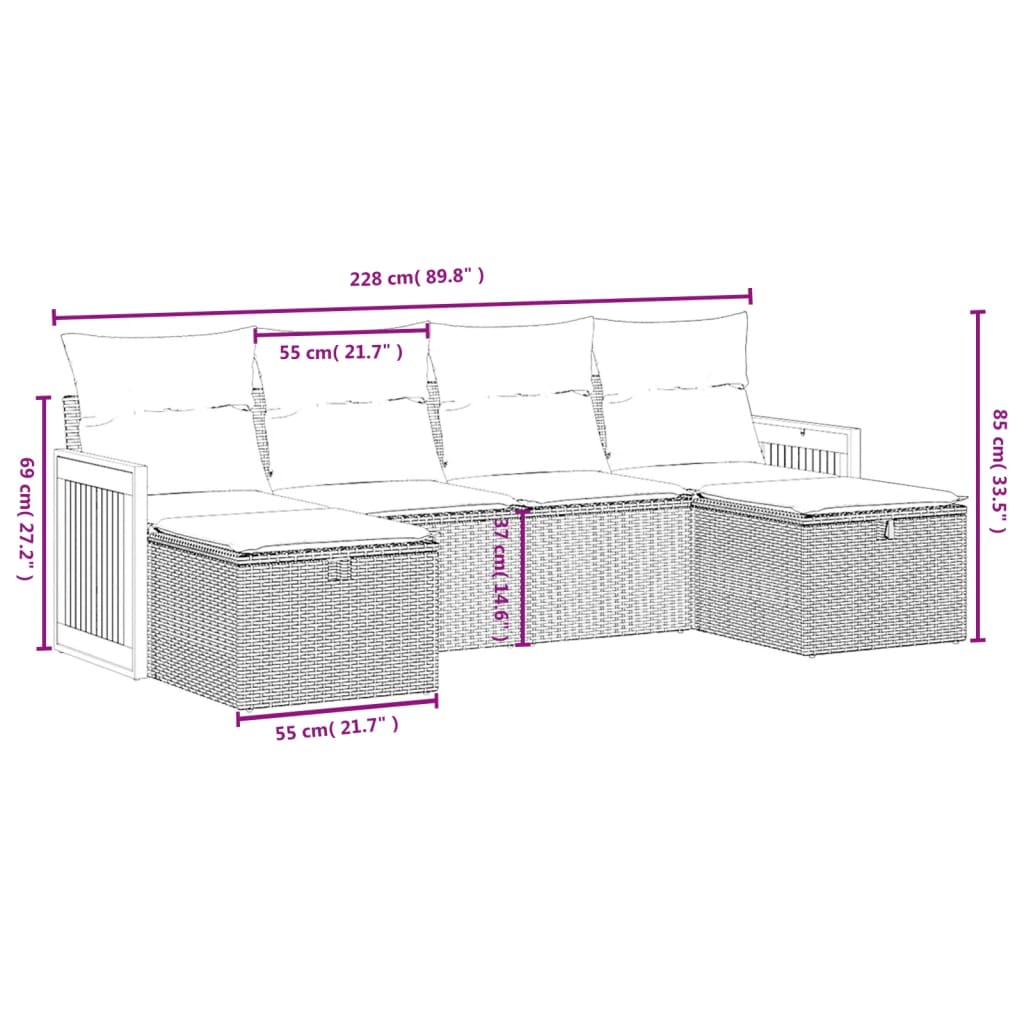 Set salotto da giardino beige in polyrattan, 6 pezzi con cuscini