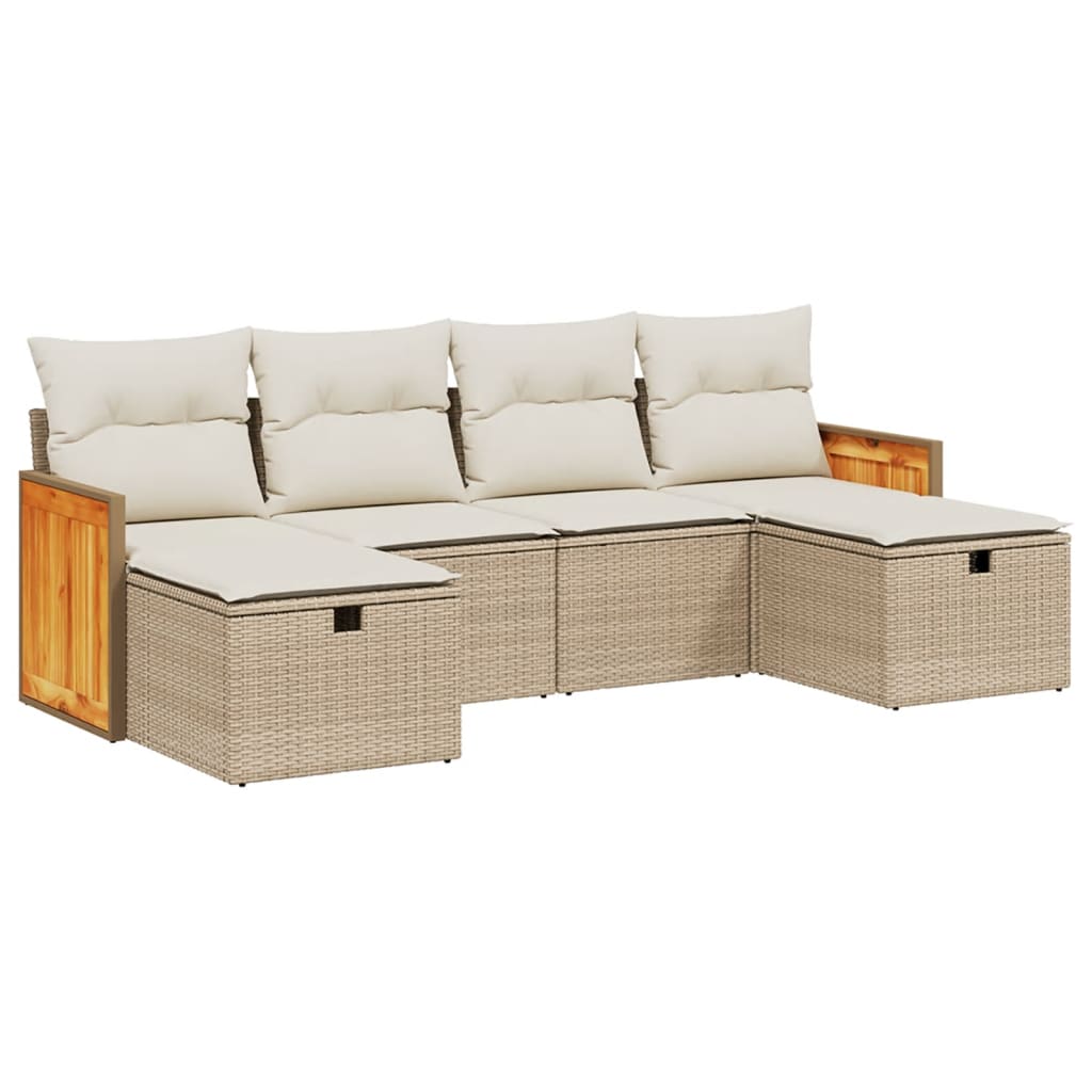 Set salotto da giardino beige in polyrattan, 6 pezzi con cuscini
