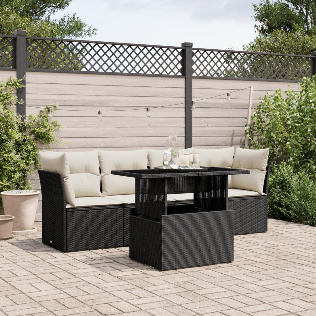 Salotto da giardino 5 pezzi in rattan PE nero con tavolo