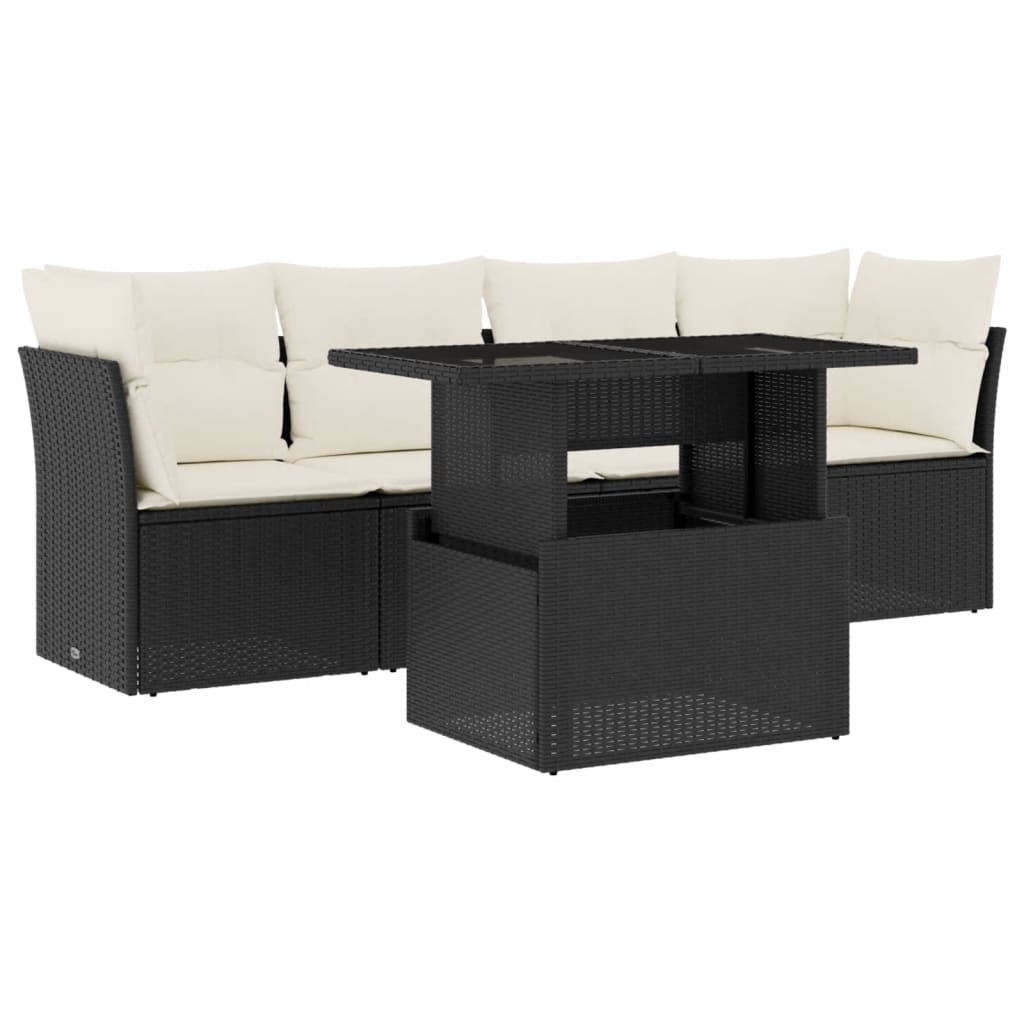 Salotto da giardino 5 pezzi in rattan PE nero con tavolo