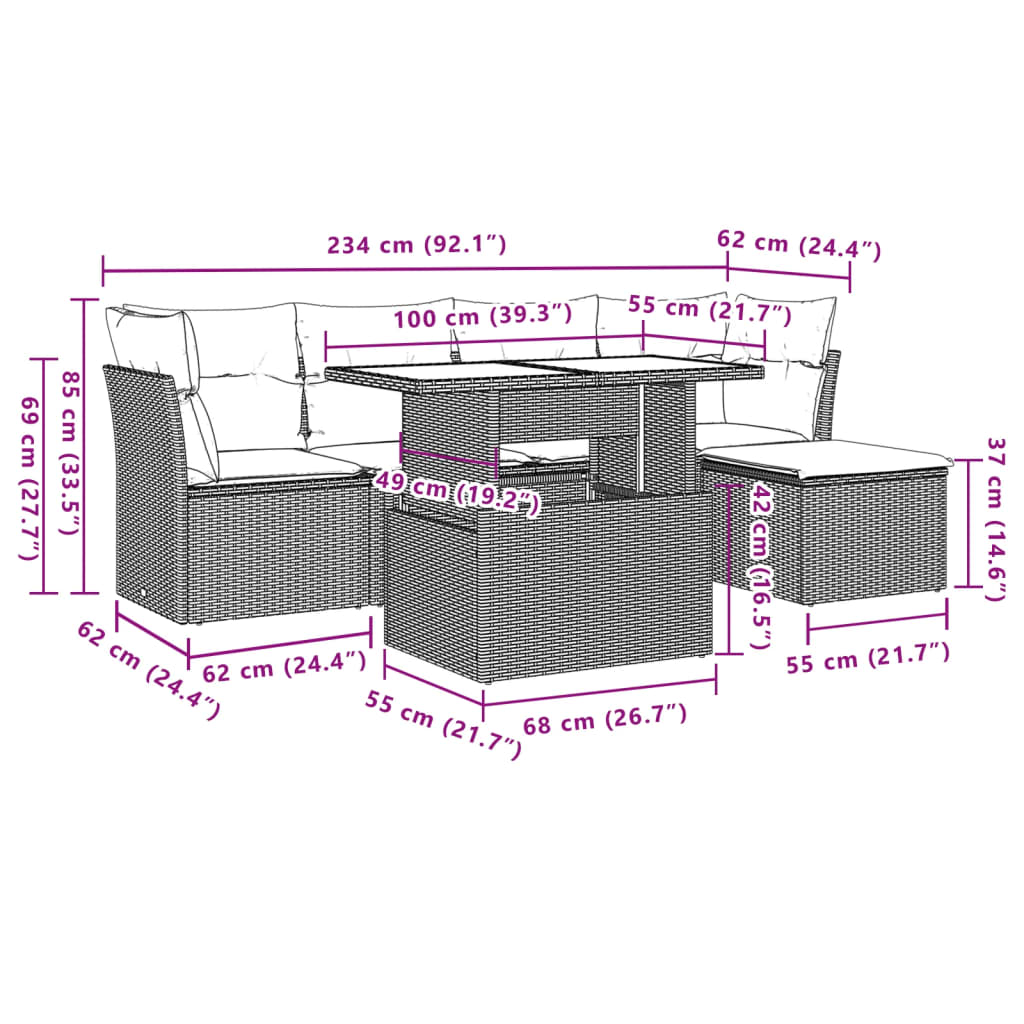 Set Divano da Giardino 6 pz con Cuscini Nero in Polyrattan